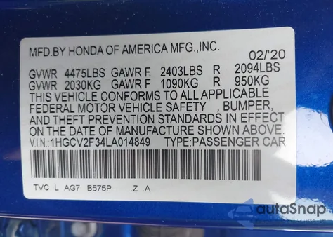 2020 Honda Accord Sport 2.0T from USA, damaged, VIN 1HGCV2F34LA014849